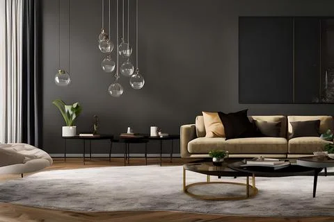 A modern living room with a sofa, table and artwork on the wall Stock Illustration