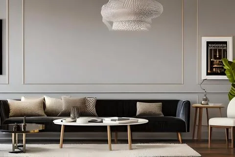 A modern living room with a sofa, table and artwork on the wall Stock Illustration