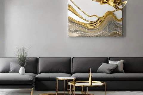 A modern living room with a sofa, table and artwork on the wall Stock Illustration