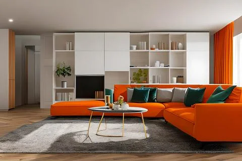 A modern living room with a sofa, table and artwork on the wall Stock Illustration
