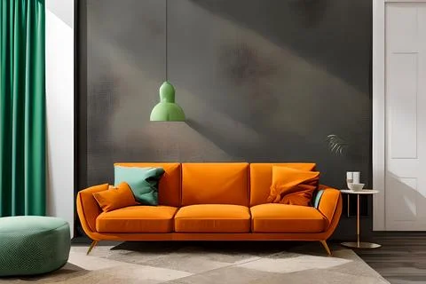 A modern living room with a sofa, table and artwork on the wall Stock Illustration