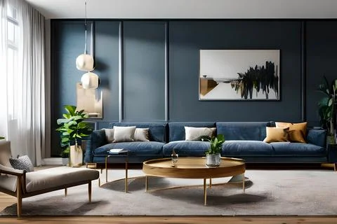 A modern living room with a sofa, table and artwork on the wall Stock Illustration