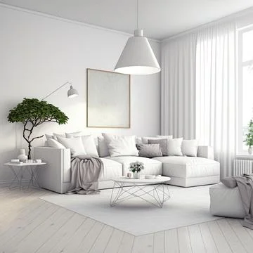 Modern living room in white color with sofa. Scandinavian Stock Illustration