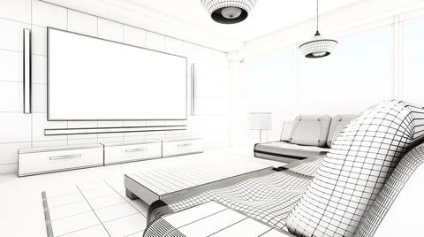 Modern living room wireframe rendering. 3D illustration Illustrazione stock