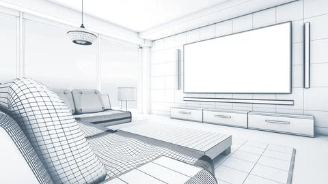 Modern living room wireframe rendering. 3D illustration Stock Illustration