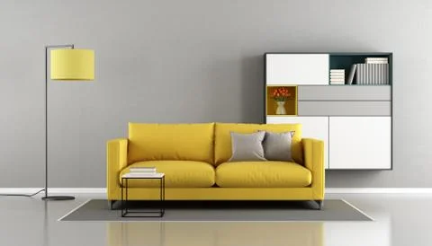 Modern living room with yellow couch Stock Illustration
