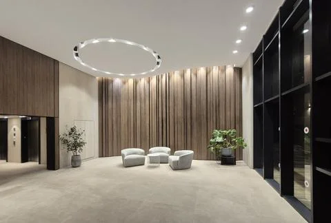 A modern lobby interior features elegant curved chairs, wood-panel walls, and Stock Photos