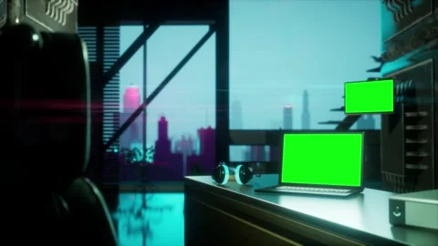 Modern lofi static video with cyber punk smart city in background. A laptop  Stock-Footage 258509013