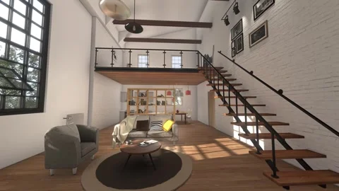 Modern loft apartment interior design with kitchen and staircase scene Stock Footage 322807329