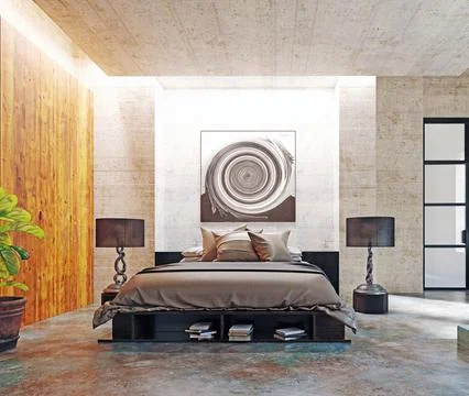 Modern loft bedroom interior. Stock Photos