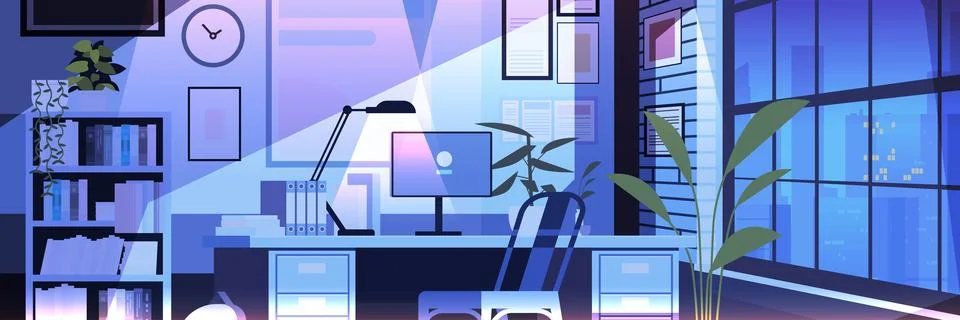 Modern loft interior of night open space home office with furniture for Stock Illustration