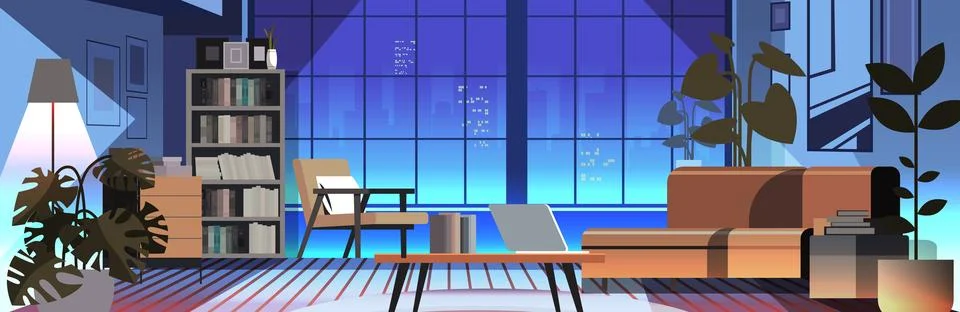 Modern loft interior of night open space home office with furniture for Stock Illustration