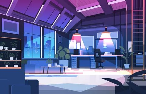 Modern loft interior of night open space home office with furniture for Stock Illustration