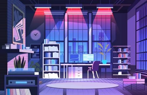 Modern loft interior of night open space home office with furniture for Stock Illustration