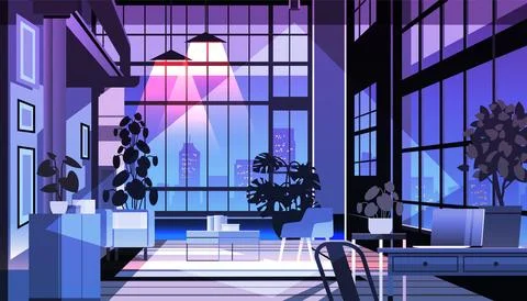 Modern loft interior of night open space home office with furniture for Stock Illustration