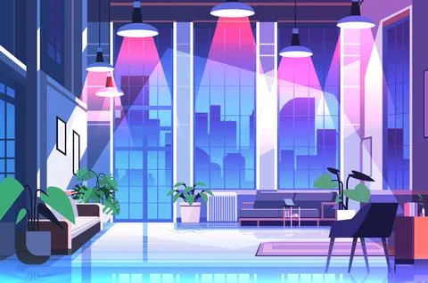Modern loft interior of night open space home office with furniture for Stock Illustration