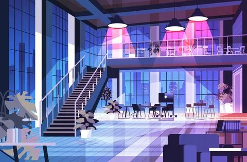 Modern loft interior of night open space home office with furniture for Stock Illustration