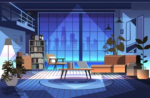 Modern loft interior of night open space home office with furniture for Stock Illustration