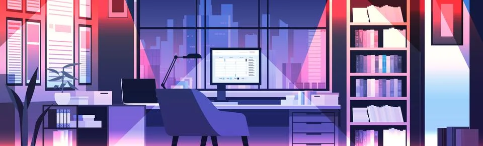 Modern loft interior of night open space home office with furniture for Stock Illustration