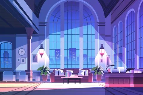 Modern loft interior of night open space home office with furniture for Stock Illustration
