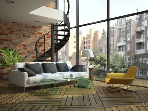 Modern loft interior with part of second floor Stock Illustration