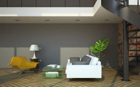 Modern loft interior with part of second floor Stock Illustration