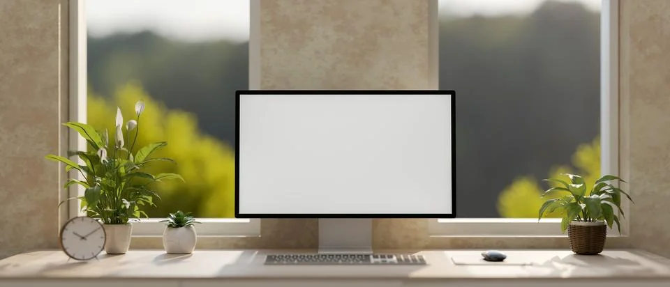 A modern loft office workspace features a computer with a white screen mock.. 스톡 일러스트