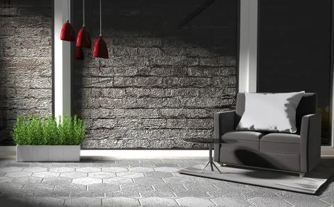 Modern Loft Style Interior Design. 3D Rendering Stock Illustration