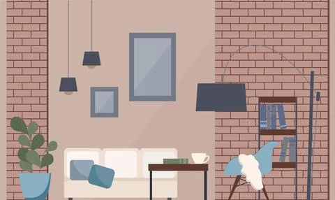 Modern loft style interior. Vector illustration of the living room, brick walls 스톡 일러스트