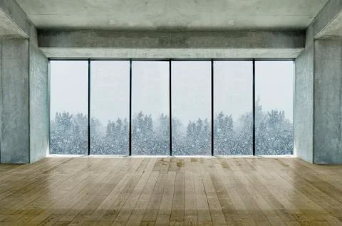 Modern lofty interior with large windows with snow and tree view Stock Photos