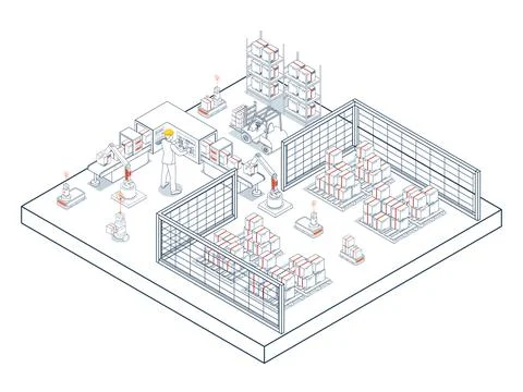 A modern logistics warehouse concept featuring autonomous robots, Industria.. Stock Illustration