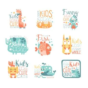 Modern logo design for kids with animals and fantasy characters Stock Illustration