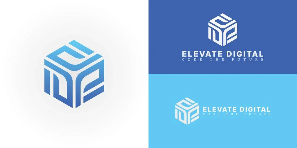 The modern logo features a stylized cube with the initials ED Stock Illustration