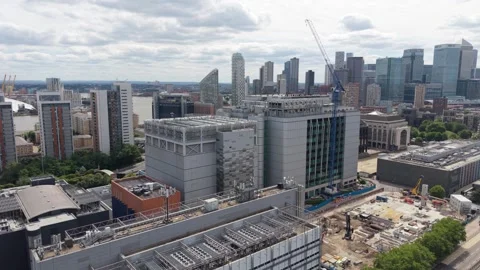 Modern London Data Center Complex and City Development Aerial Stock Footage 339053626