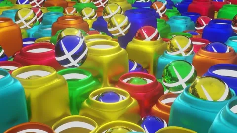 Modern looped animated background. multicolored spheres and cubes with holes mov Video stock 153393314