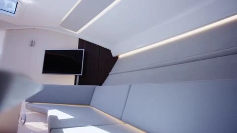 Modern Lounge Upholstered Bench and Wall Screen, Curved Ceiling, Slow Pan Video stock 340337613