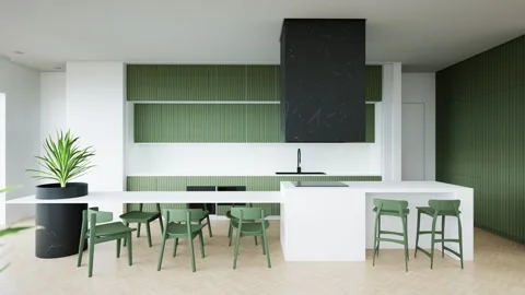 Modern Luxurious Kitchen Interior Design, 3d render animation Stock Footage 247254925
