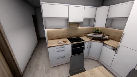 Modern luxurious kitchen room 3d visualization. 3D Render animation architect Stock Footage 218835452