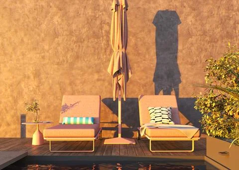 Modern luxurious pool with beach chairs, table and umbrella. Summer concept Illustration