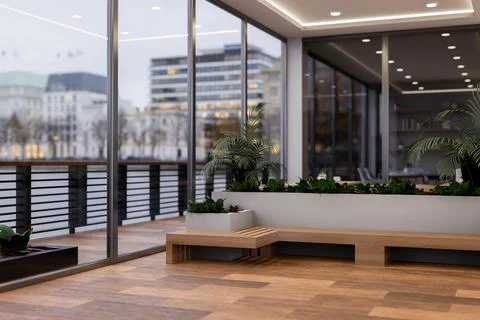A modern, luxurious skyscraper office features an indoor relaxation area wi.. Ilustración de archivo