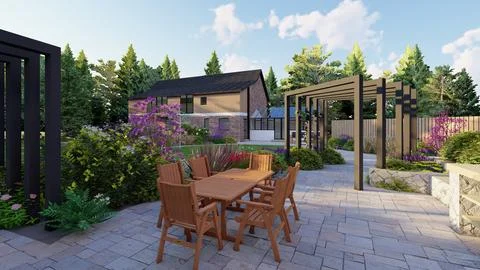 Modern Luxury Backyard Landscape Design with Outdoor Dining and Pergola Stock Illustration