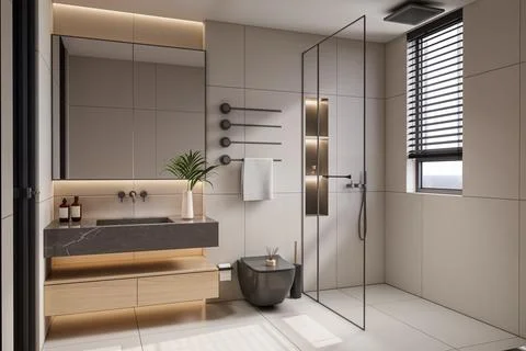 Modern Luxury Bathroom 3D Render 4K Stock Illustration