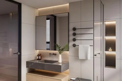 Modern Luxury Bathroom 3D Render 4K Stock Illustration