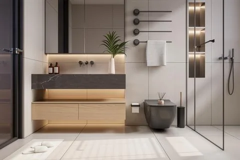 Modern Luxury Bathroom 3D Render 4K Stock Illustration