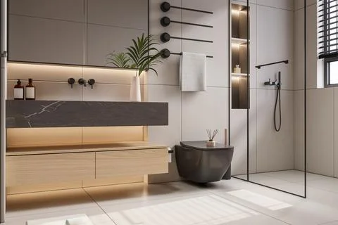 Modern Luxury Bathroom 3D Render 4K Stock Illustration