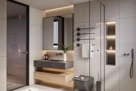 Modern Luxury Bathroom 3D Render 4K Stock Illustration