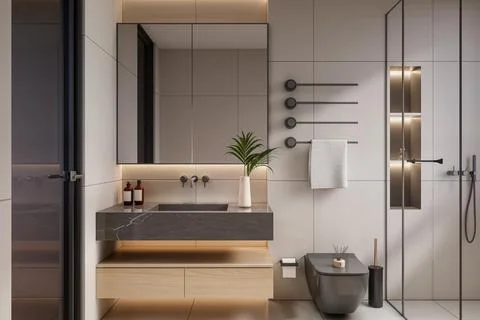 Modern Luxury Bathroom 3D Render 4K Stock Illustration