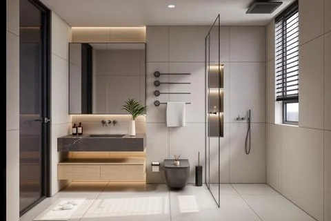 Modern Luxury Bathroom 3D Render 4K Stock Illustration