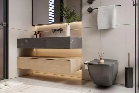 Modern Luxury Bathroom 3D Render 4K Stock Illustration