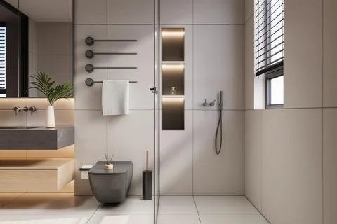 Modern Luxury Bathroom 3D Render 4K Stock Illustration